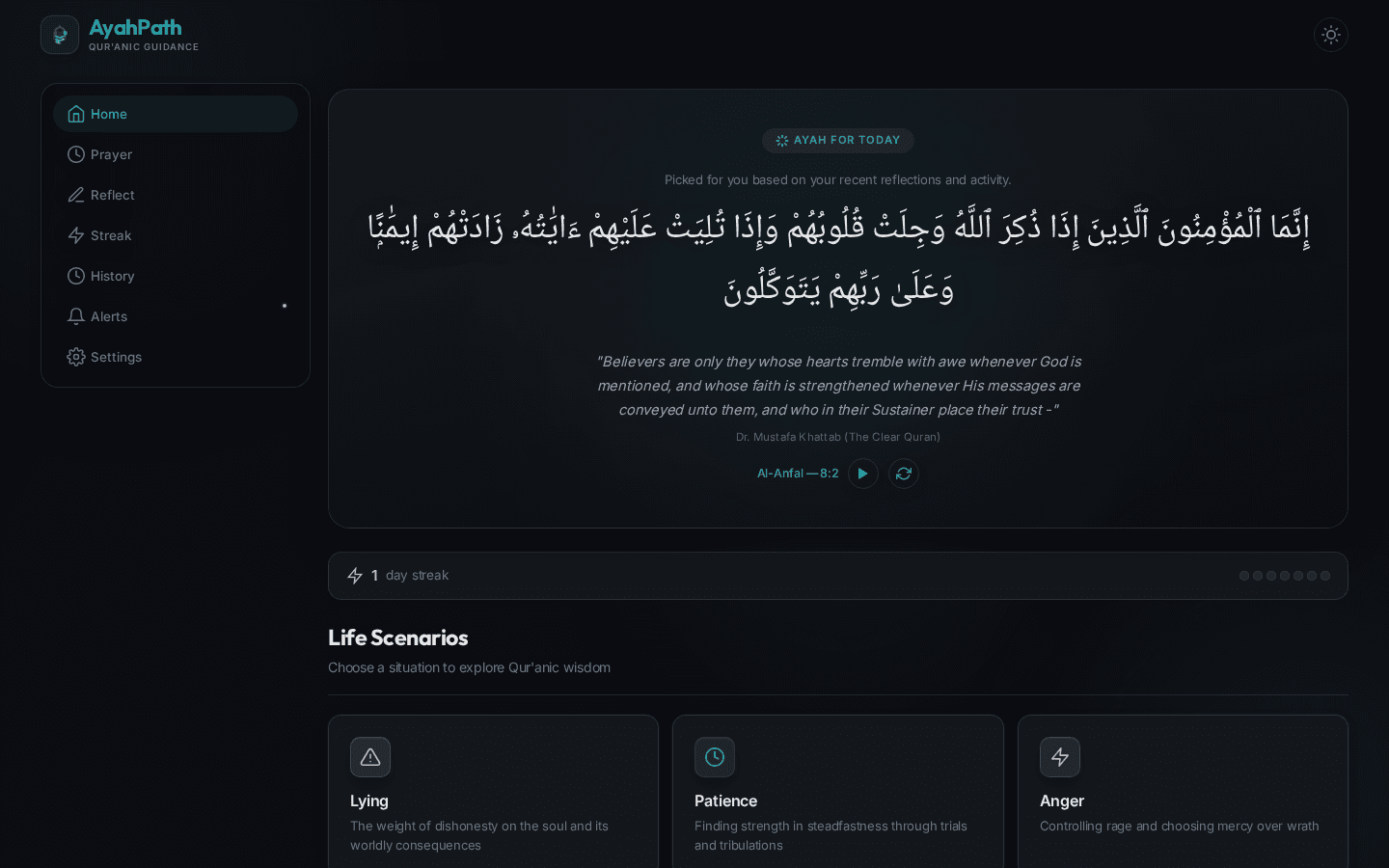 AyahPath home screen showing the ayah for today, Al-Anfal 8:2, in Arabic with an English translation, a streak counter and a list of life scenarios.